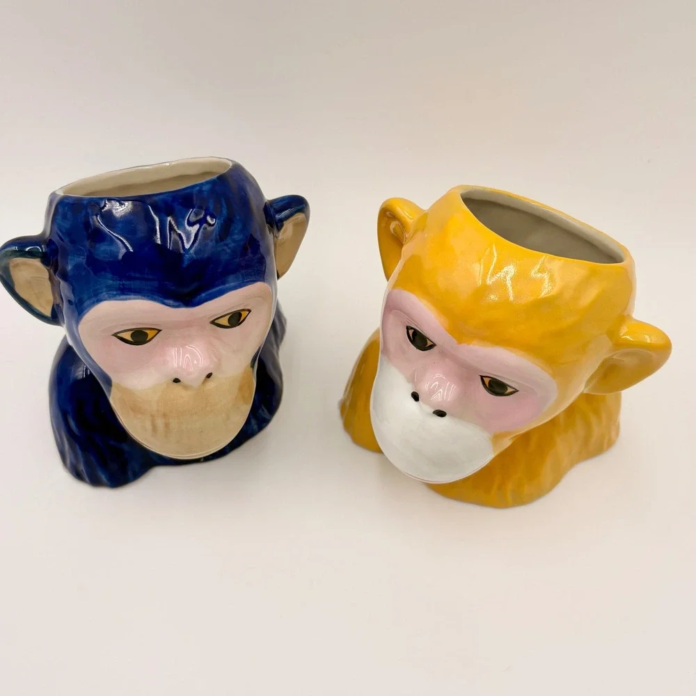 Ceramic Monkey Bust Planter Vase Set Blue‎ and Yellow Glossy Glaze Primate Decor